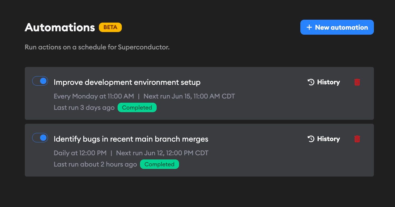Automations page showing scheduled automations, run history links, and beta label