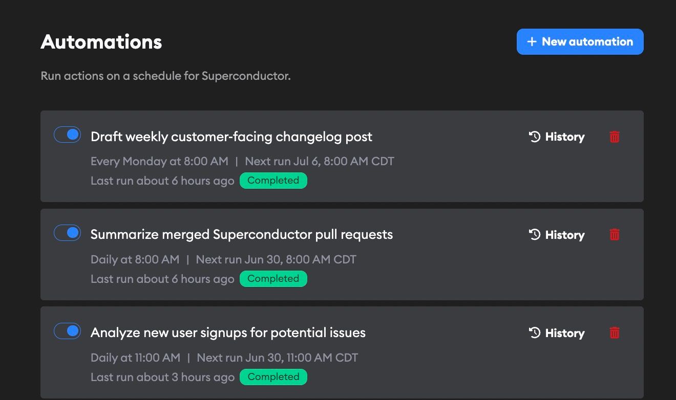 Automations page showing scheduled automations and run history links