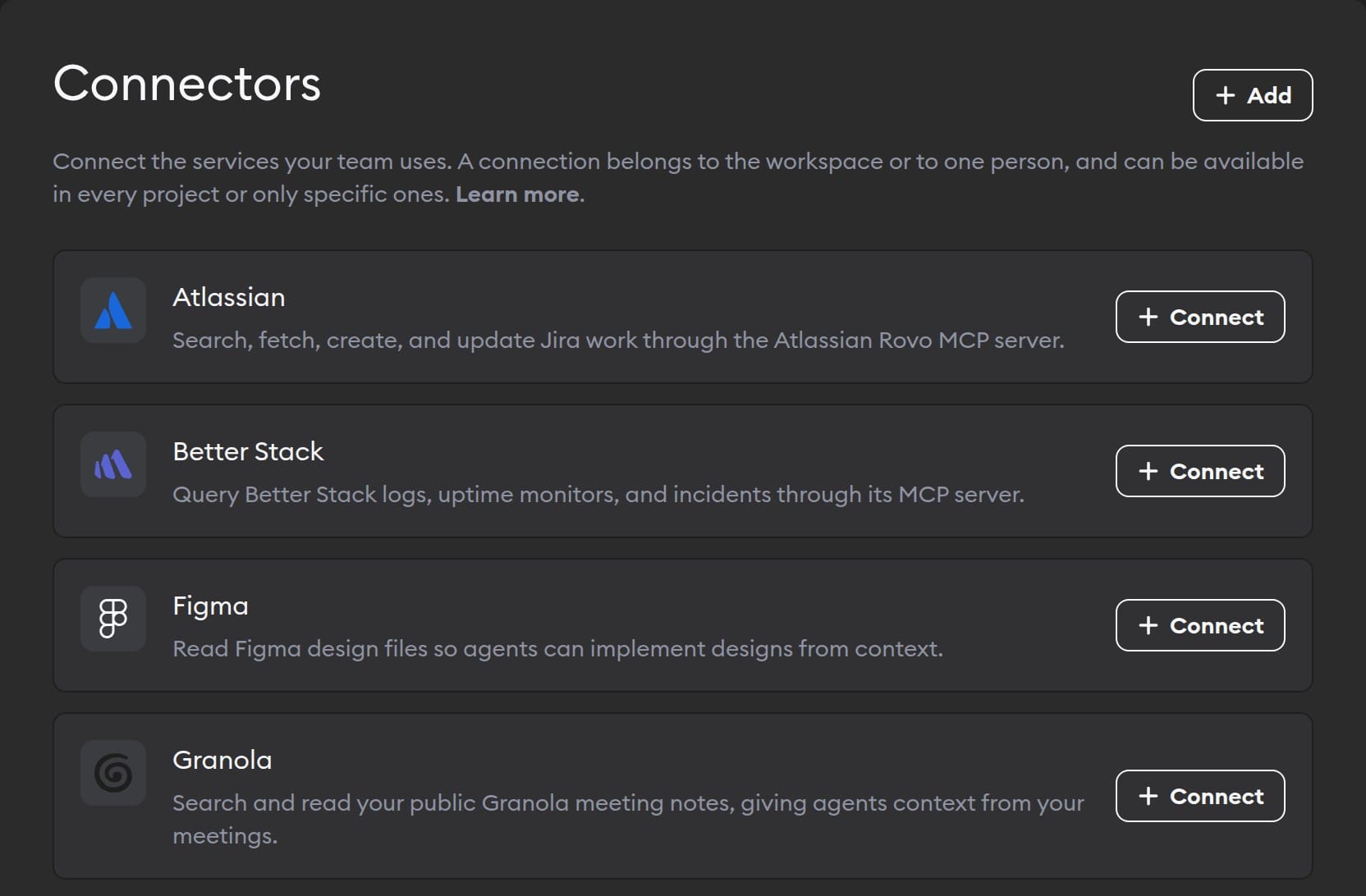 Connectors page in Workspace Settings with the Add button and connectors including Atlassian, Better Stack, and Figma