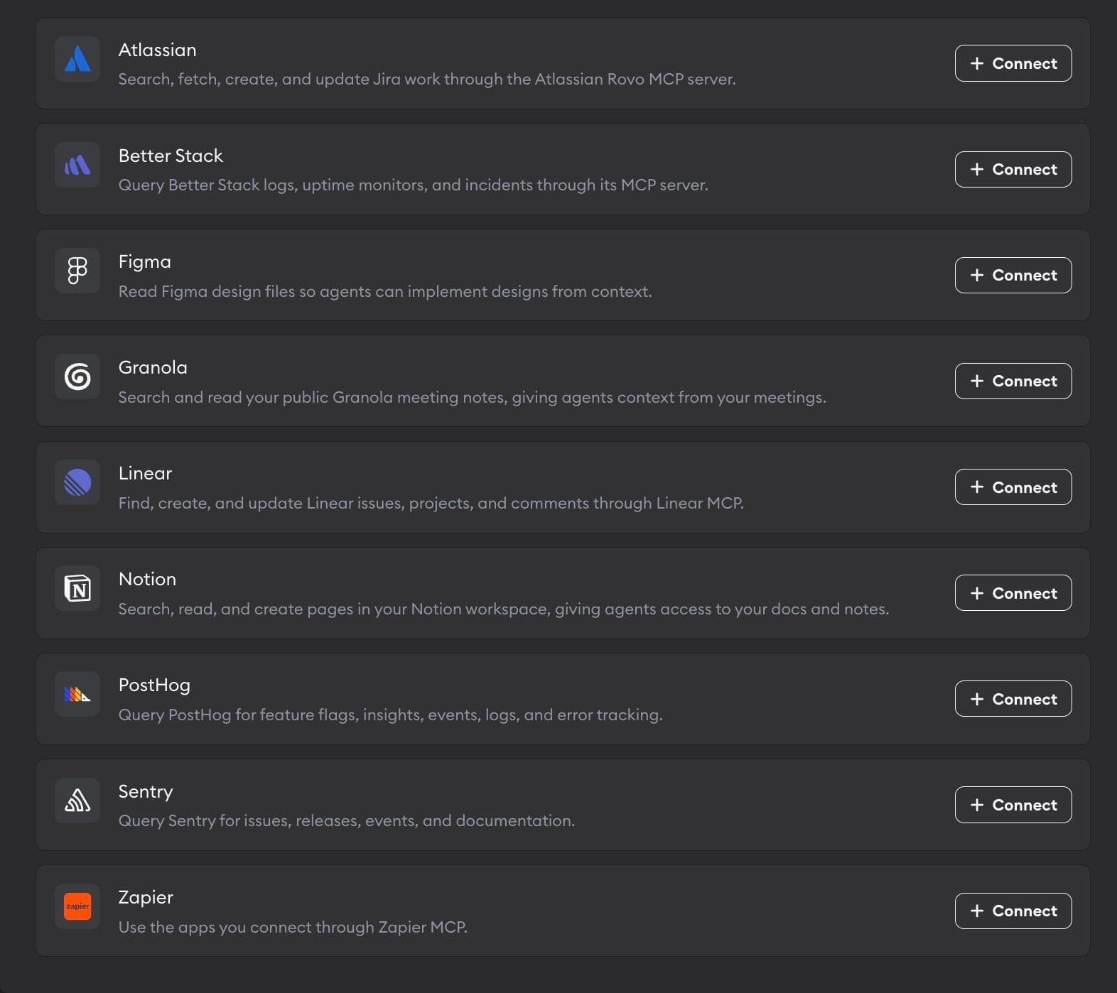 Available connectors in Workspace Settings, including Atlassian, Figma, Notion, and Zapier