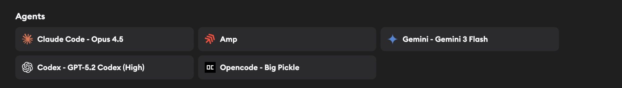 Agents selected for benchmarking including Claude Code, Amp, Gemini, Codex, and Opencode