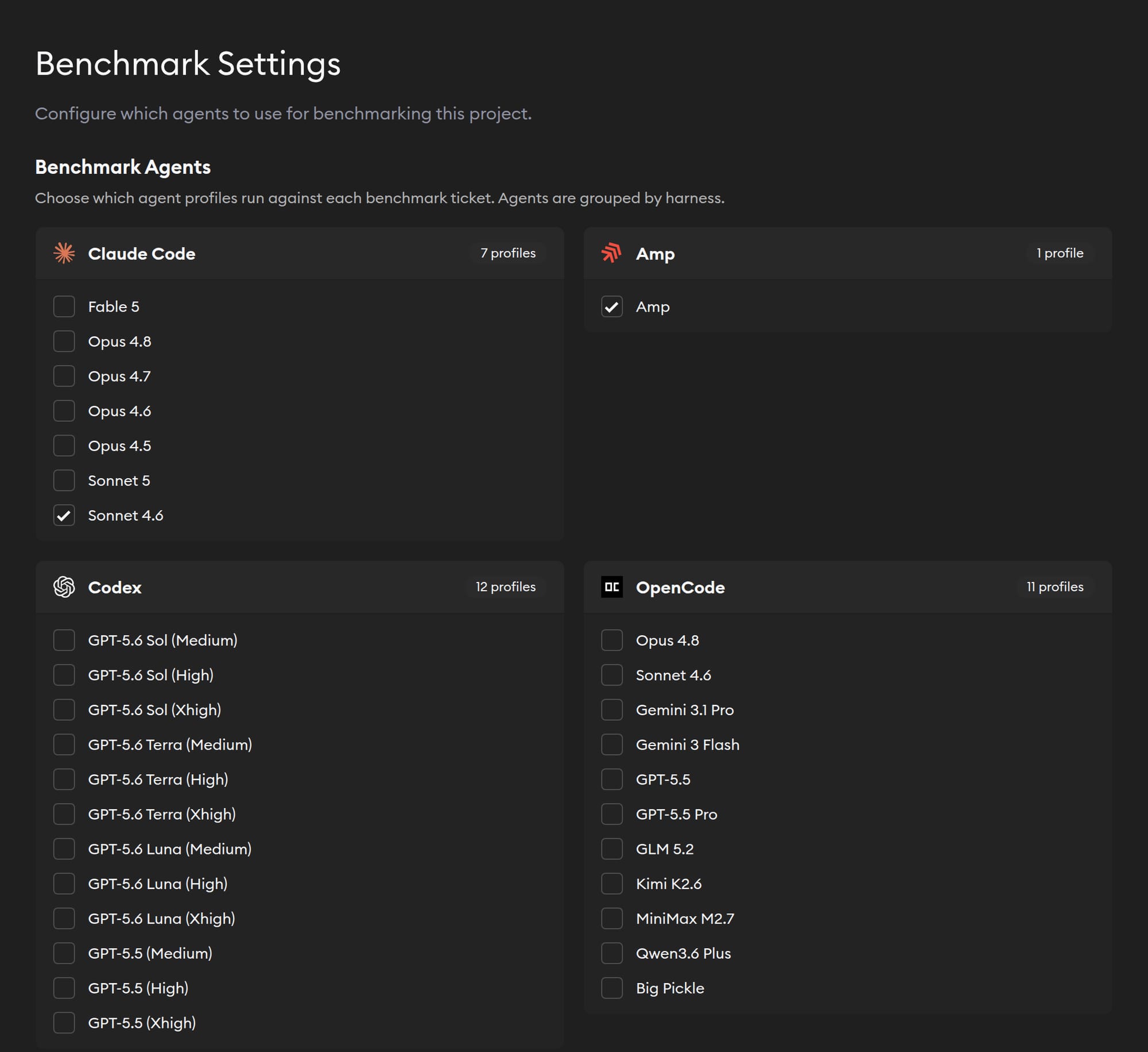 Benchmark Settings page showing agent profiles grouped by harness