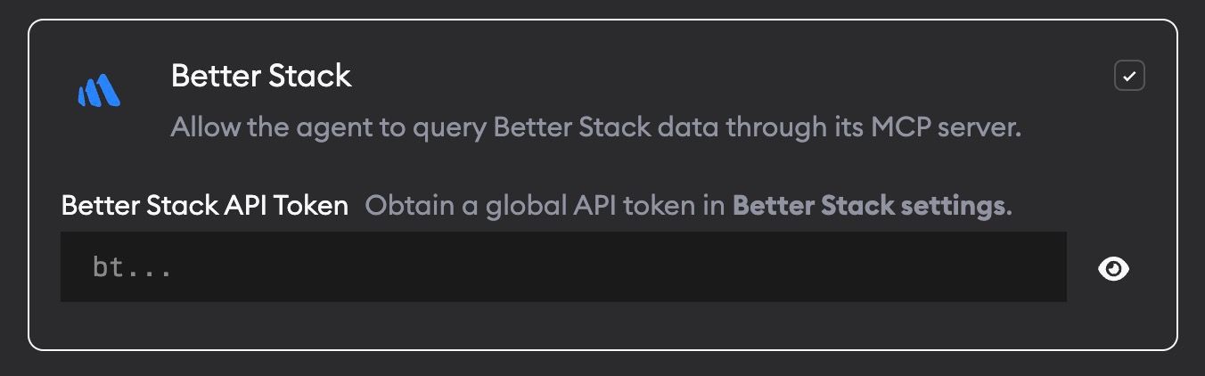 Better Stack MCP settings card with the API token field