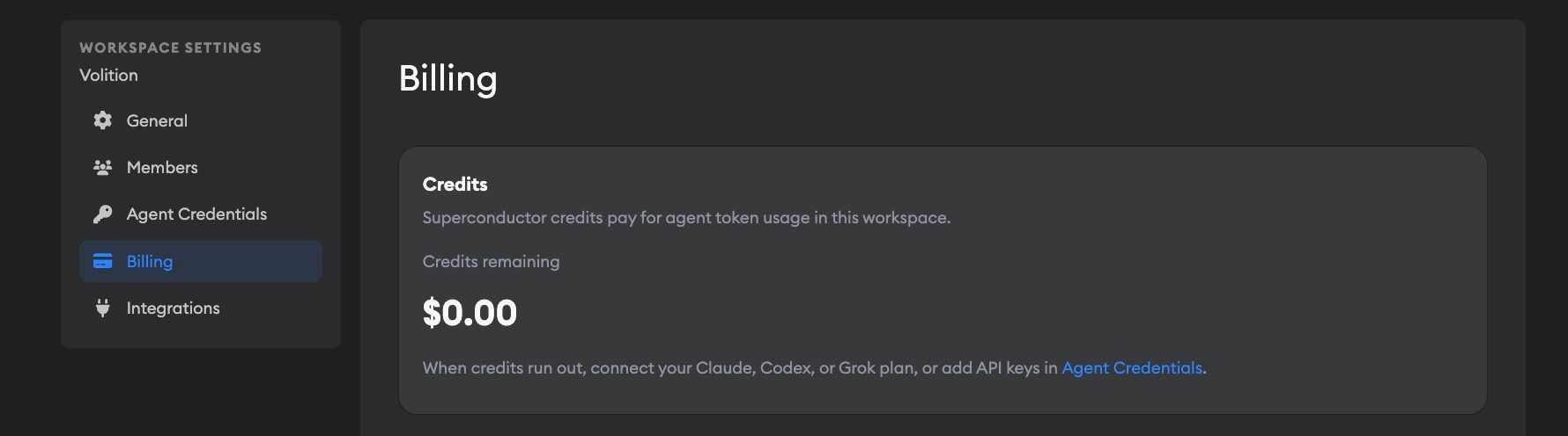 Workspace Billing page showing remaining credits
