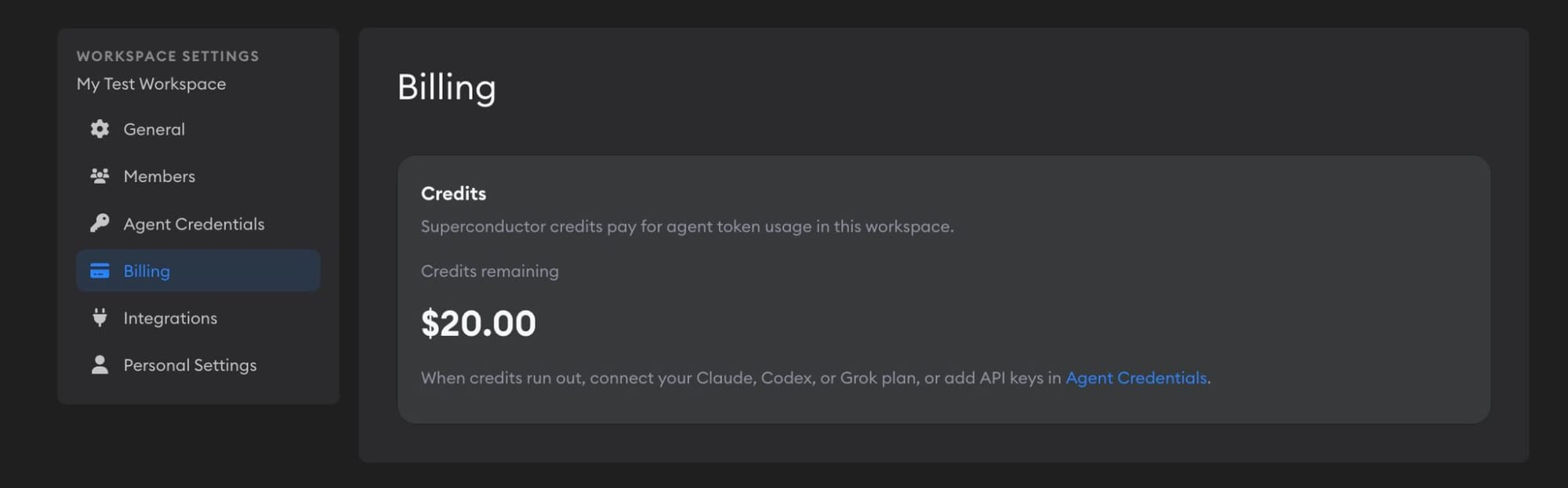 Workspace Billing page showing remaining credits