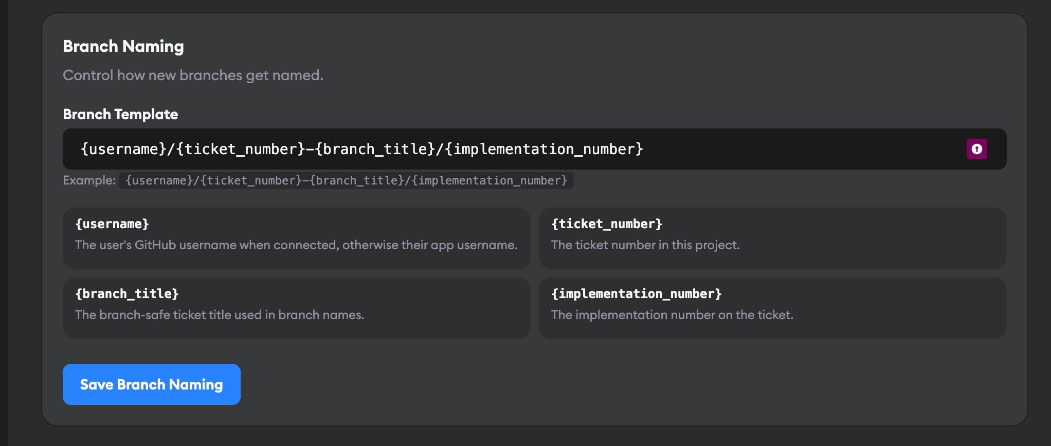Branch naming settings showing template field and available variables