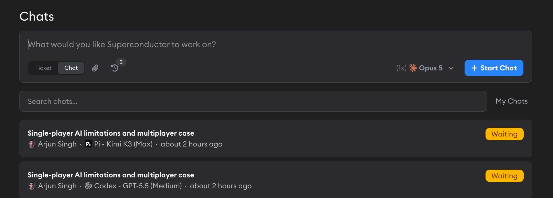 Chats page showing the composer above a searchable list of chats, each with a creator, agent, and status badge