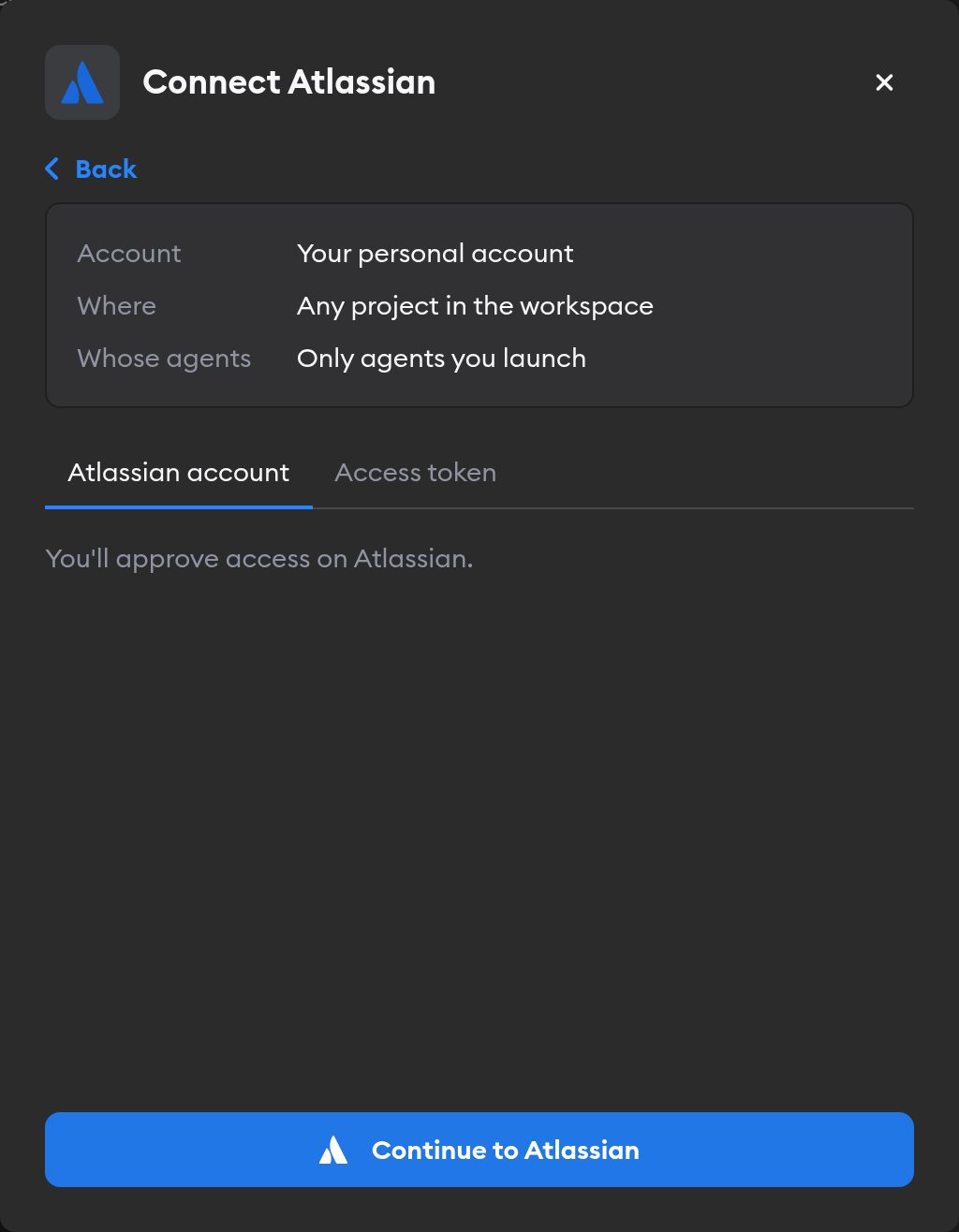 Second screen of the Connect Atlassian modal, with the Atlassian account tab selected and a Continue to Atlassian button