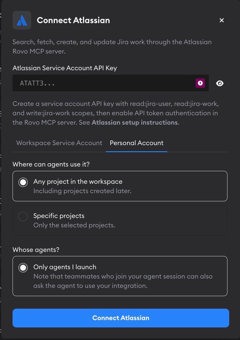 Connect Atlassian form with Personal Account selected, project choices, and Only agents I launch