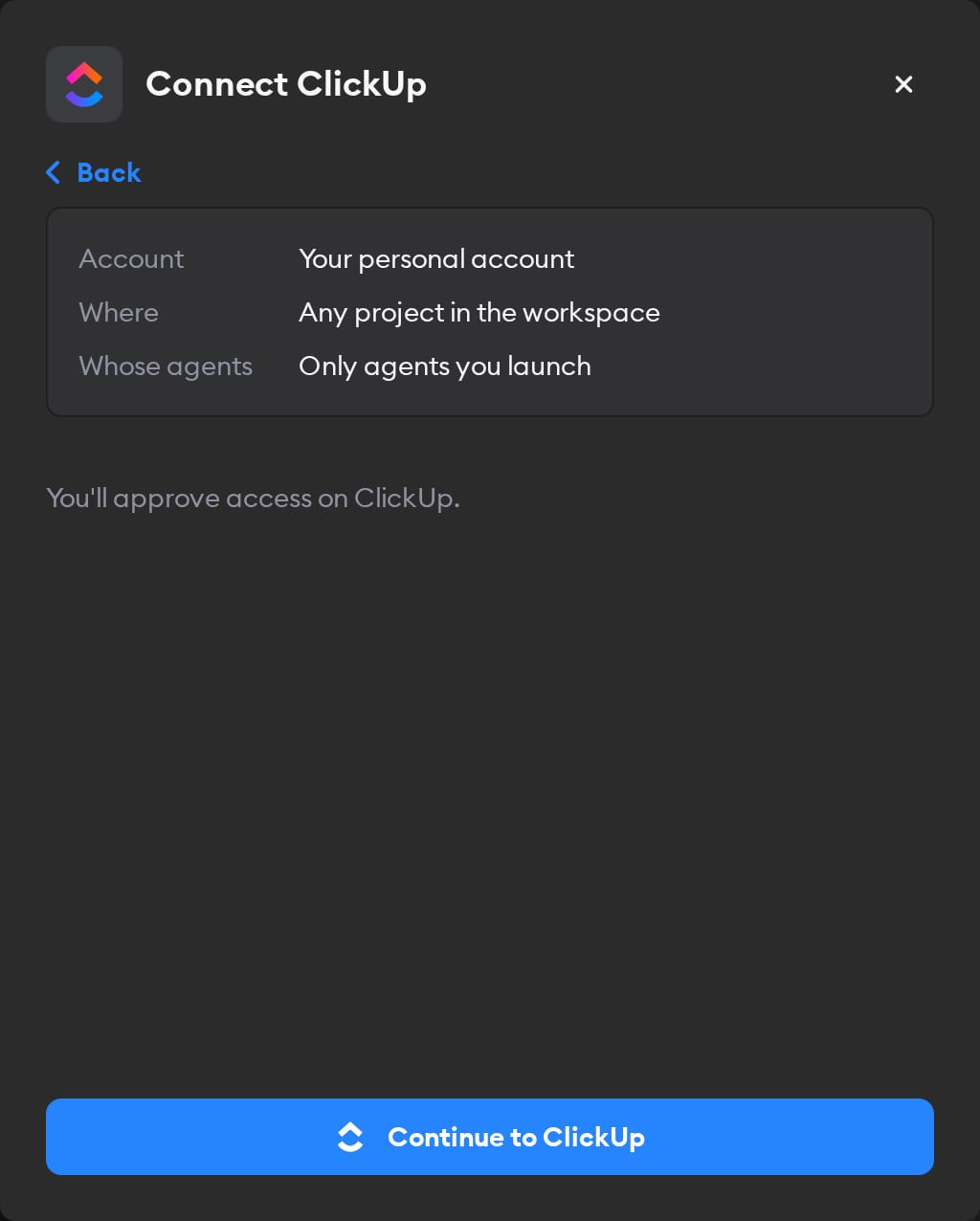 Second screen of the Connect ClickUp modal, with a summary of the connection choices and a Continue to ClickUp button