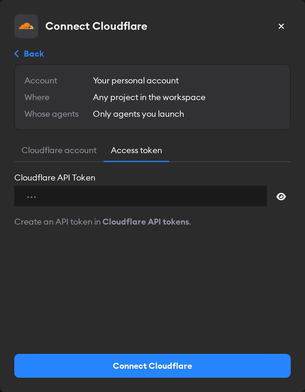 Access token tab of the Connect Cloudflare modal, with the Cloudflare API Token field and the Connect Cloudflare button