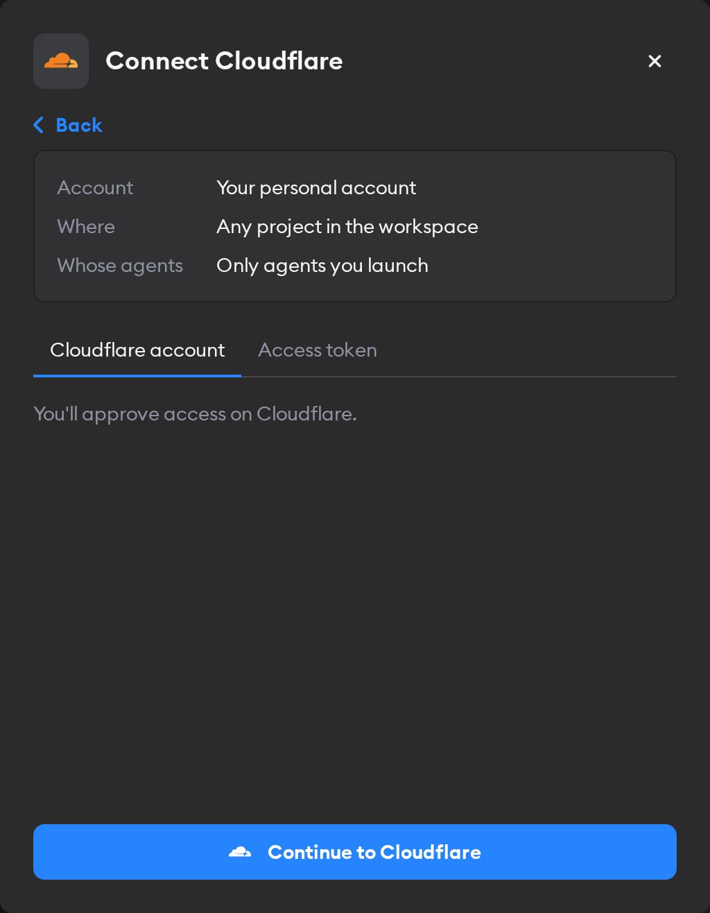 Second screen of the Connect Cloudflare modal, with the Cloudflare account tab selected and a Continue to Cloudflare button