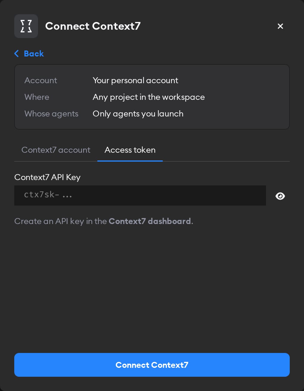 Access token tab of the Connect Context7 modal, with the Context7 API Key field and the Connect Context7 button
