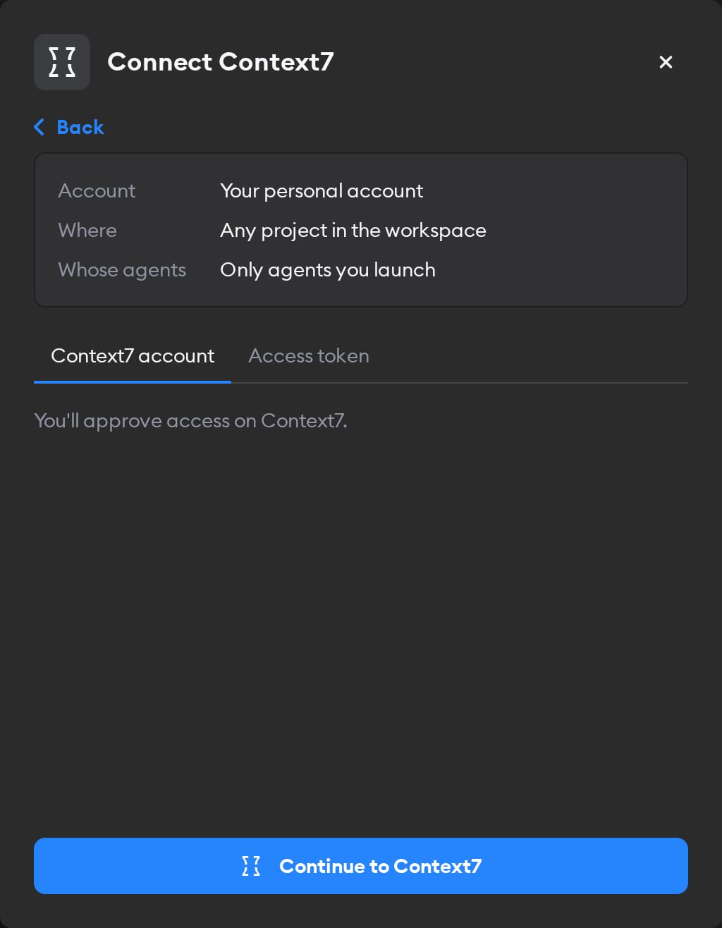 Second screen of the Connect Context7 modal, with the Context7 account tab selected and a Continue to Context7 button