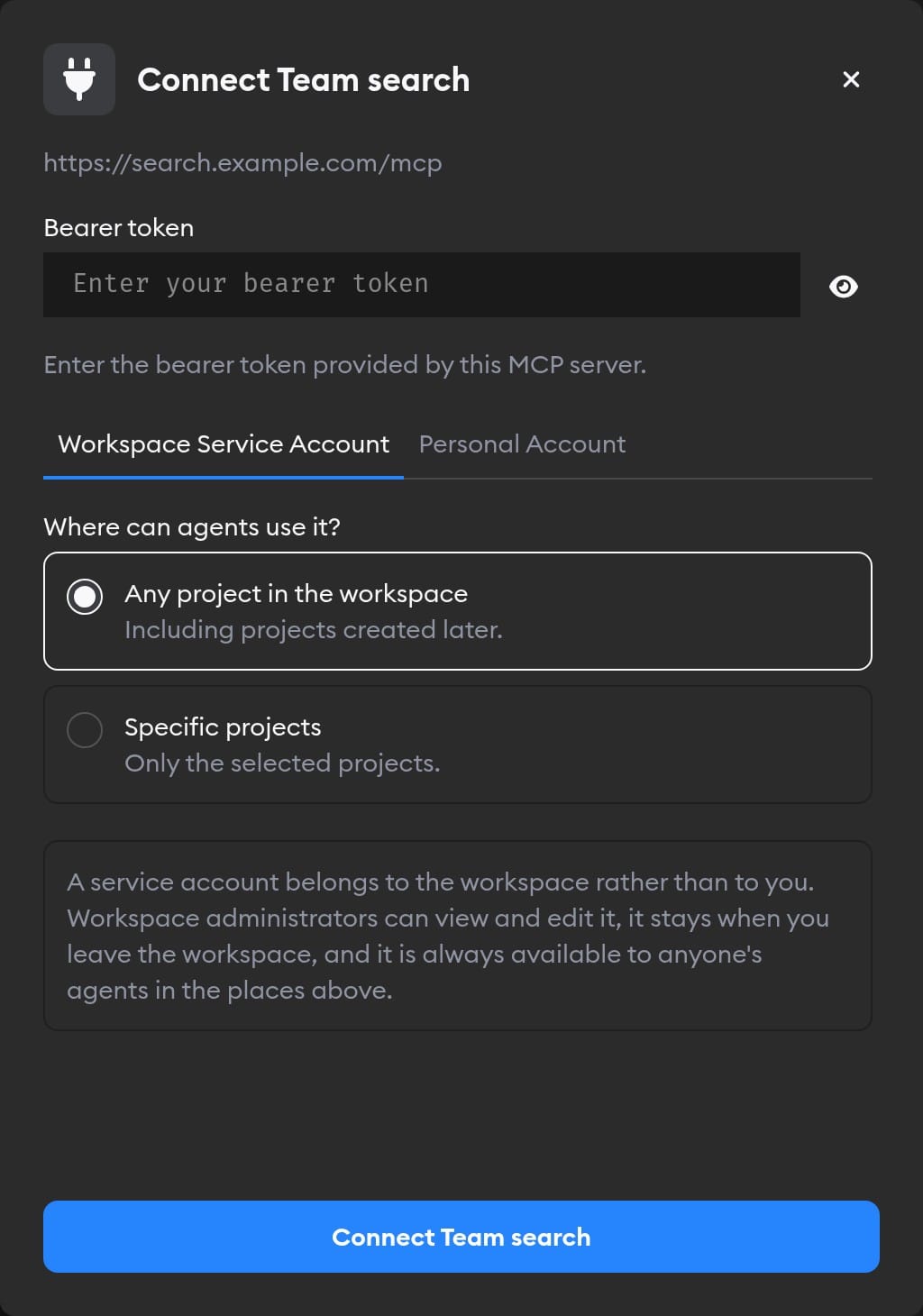 Connect form for a custom MCP server with a bearer token field and project access choices