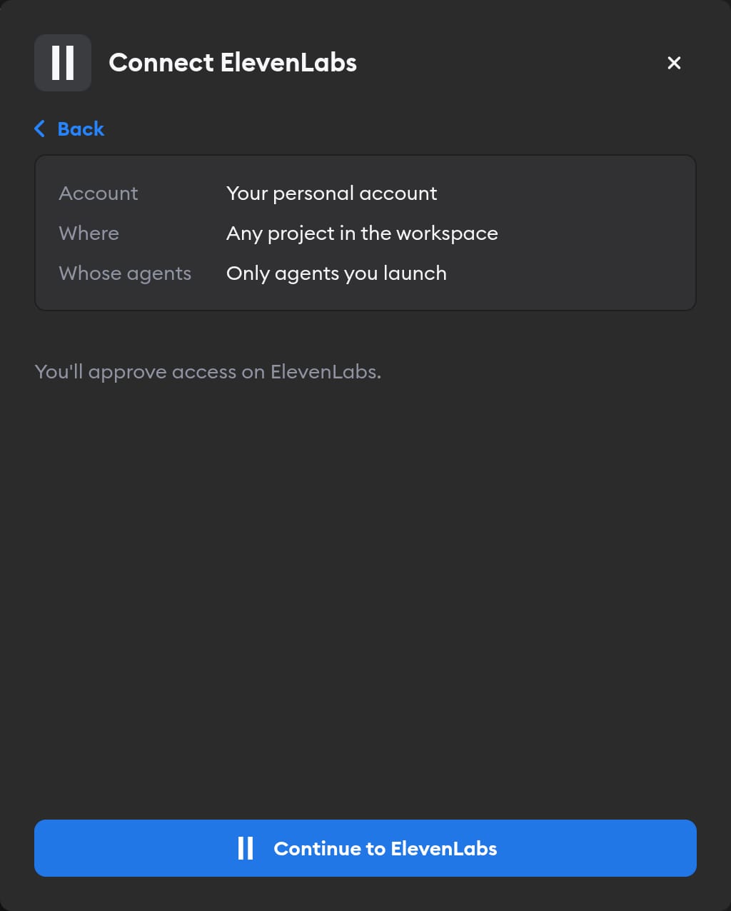 Second screen of the Connect ElevenLabs modal, with a summary of the connection choices and a Continue to ElevenLabs button