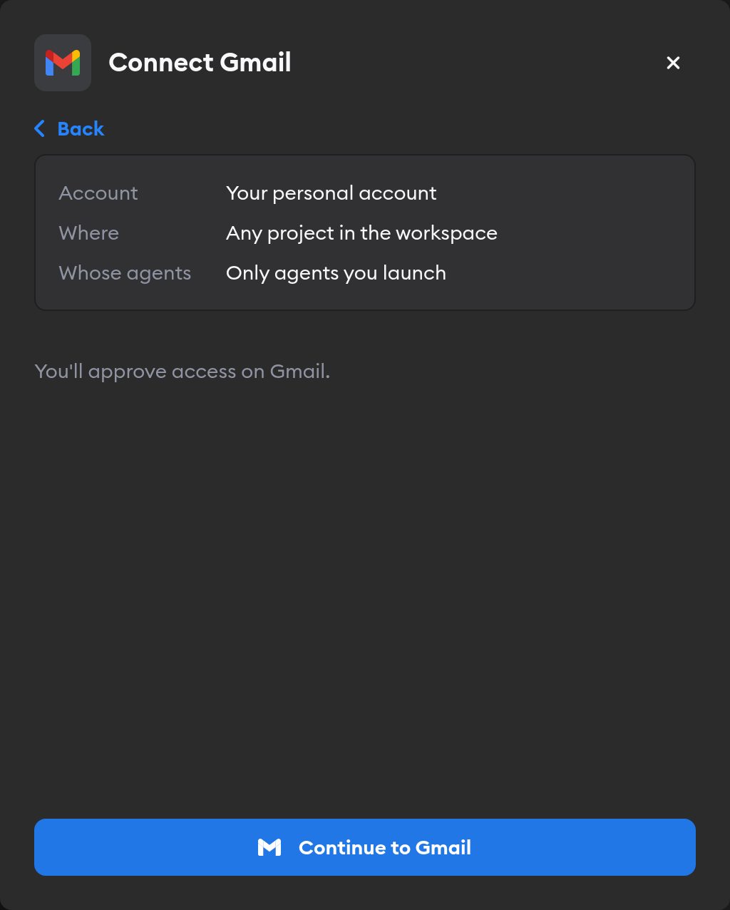 Second screen of the Connect Gmail modal, with a summary of the connection choices and a Continue to Gmail button