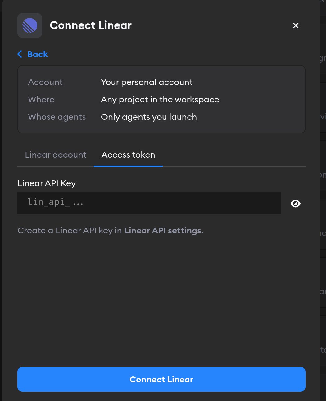 Access token tab of the Connect Linear modal, with the Linear API Key field and the Connect Linear button