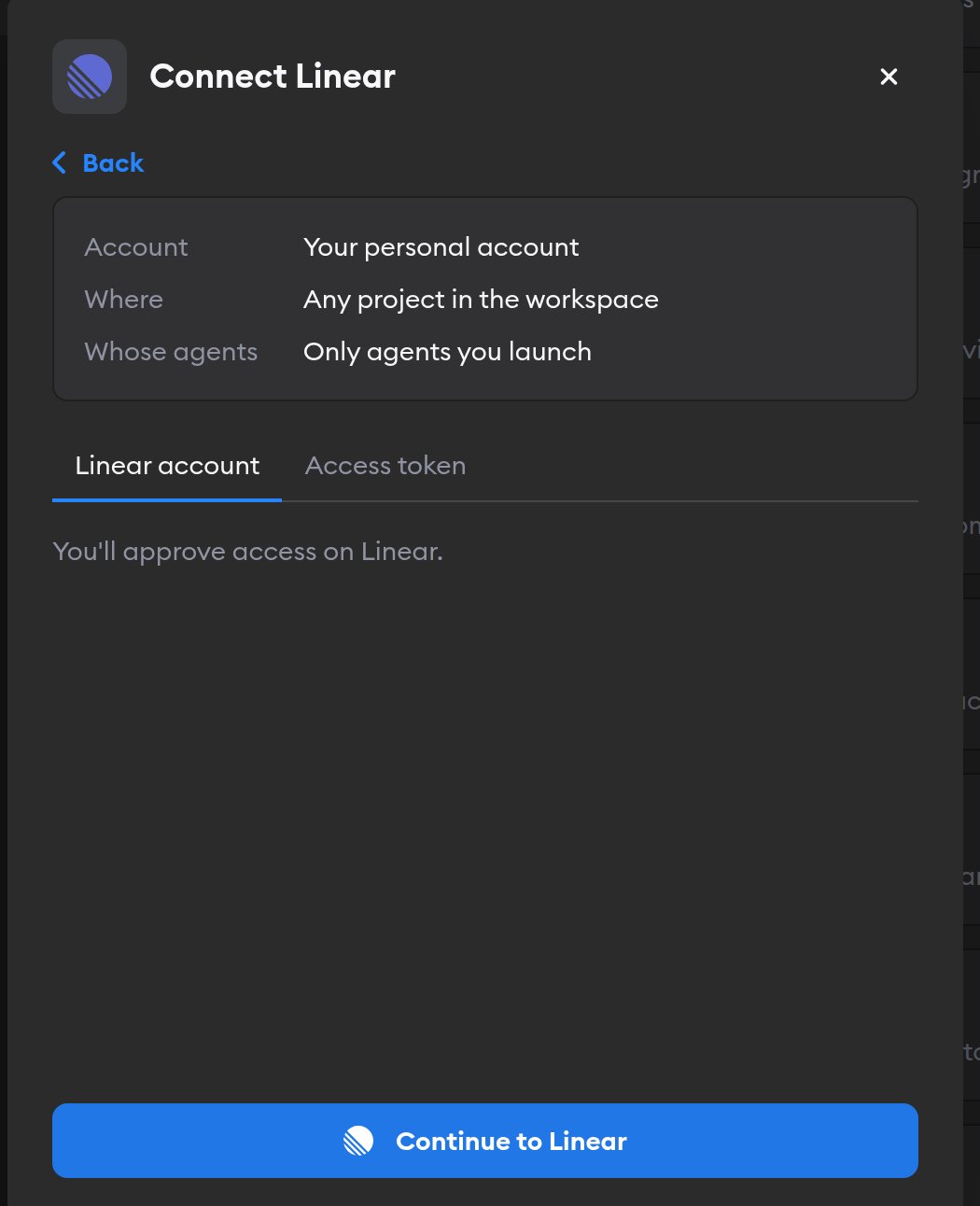 Second screen of the Connect Linear modal, with the Linear account tab selected and a Continue to Linear button