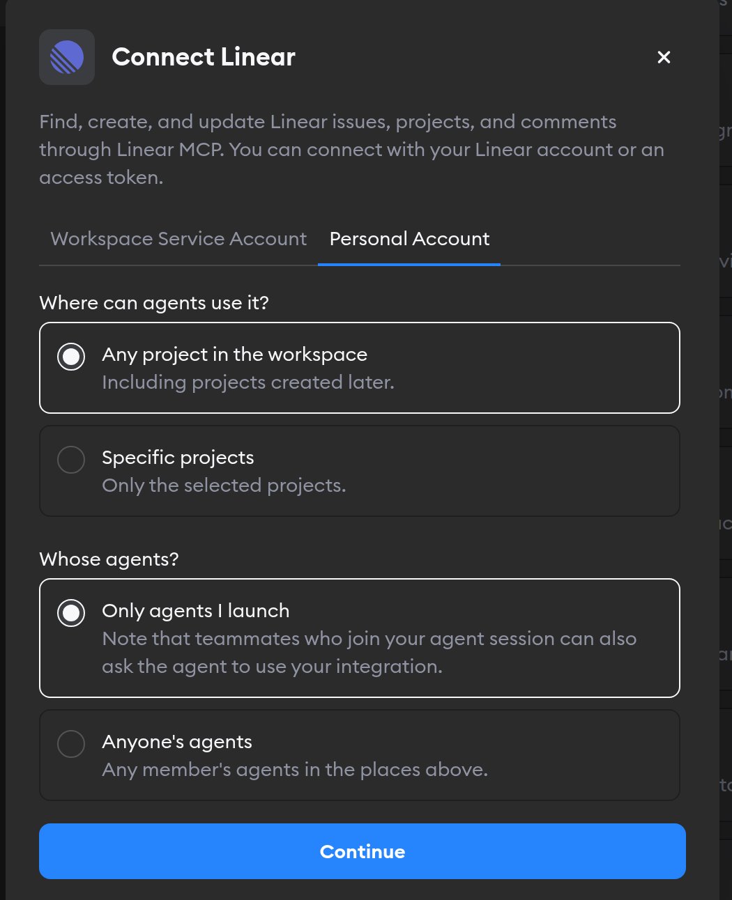 Connect Linear form with Personal Account selected, Any project in the workspace, and Only agents I launch
