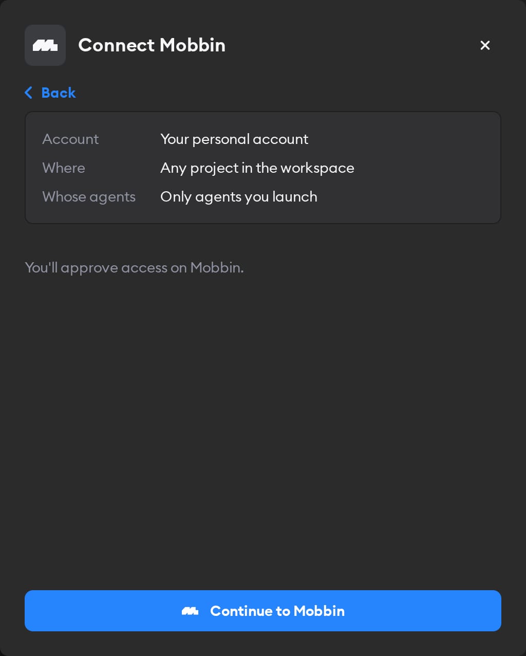 Second screen of the Connect Mobbin modal, with a summary of the connection choices and a Continue to Mobbin button