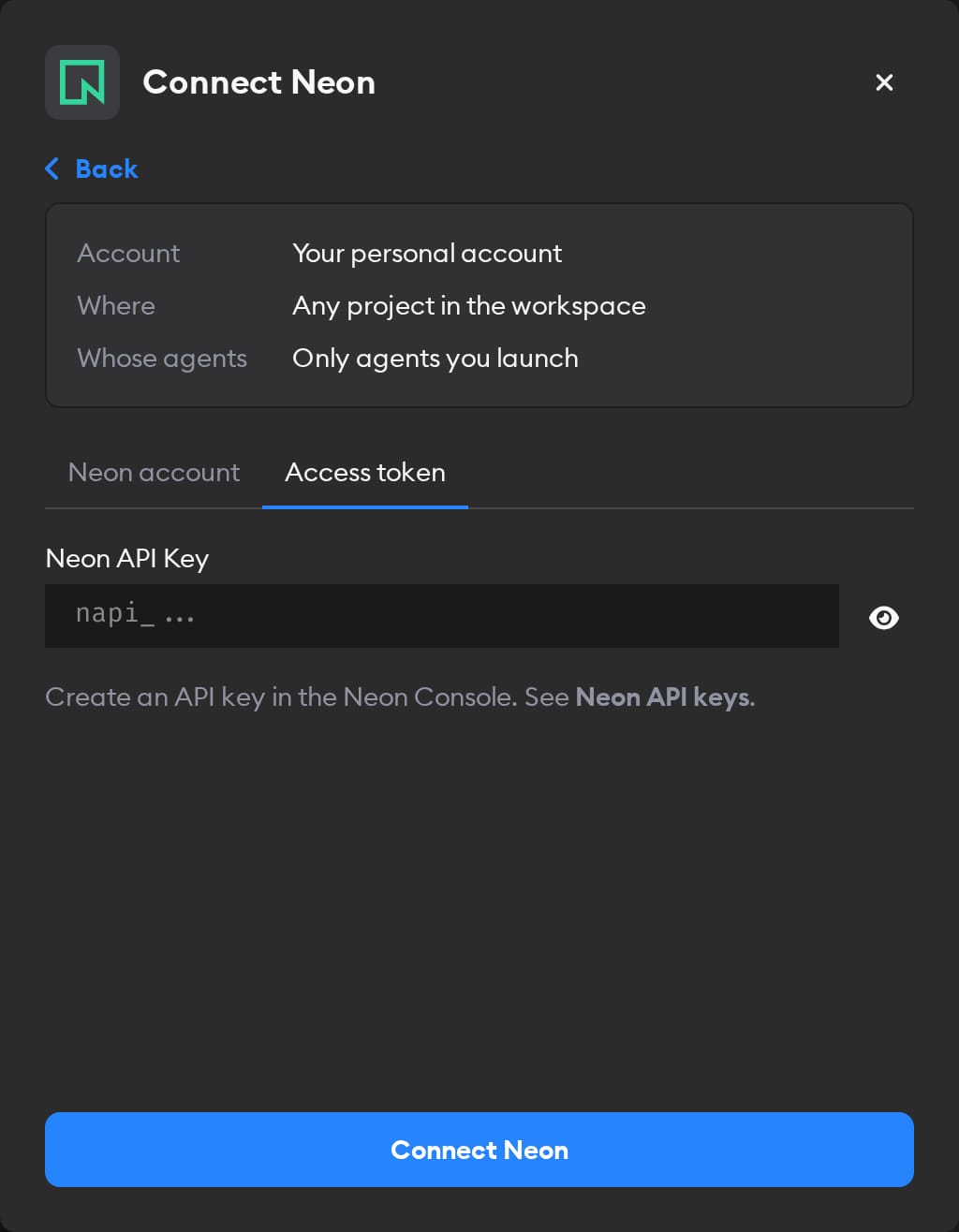 Access token tab of the Connect Neon modal, with the Neon API Key field and the Connect Neon button
