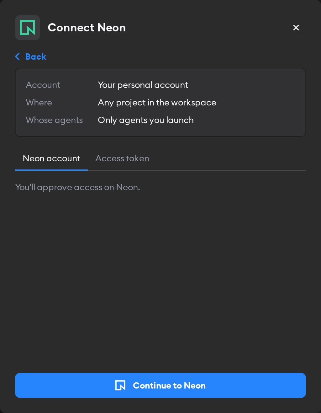 Second screen of the Connect Neon modal, with the Neon account tab selected and a Continue to Neon button