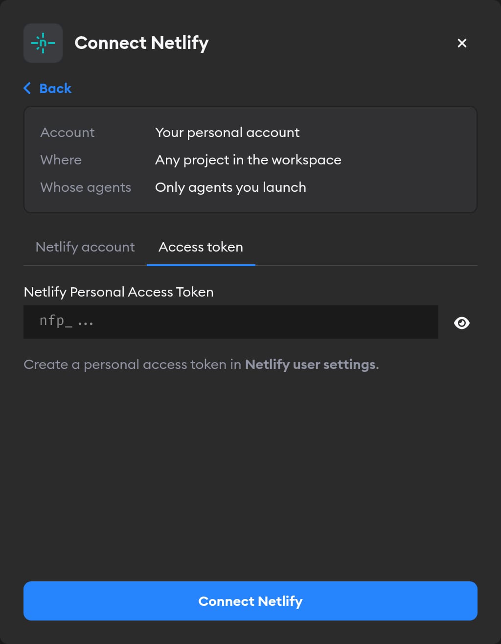 Access token tab of the Connect Netlify modal, with the Netlify Personal Access Token field and the Connect Netlify button