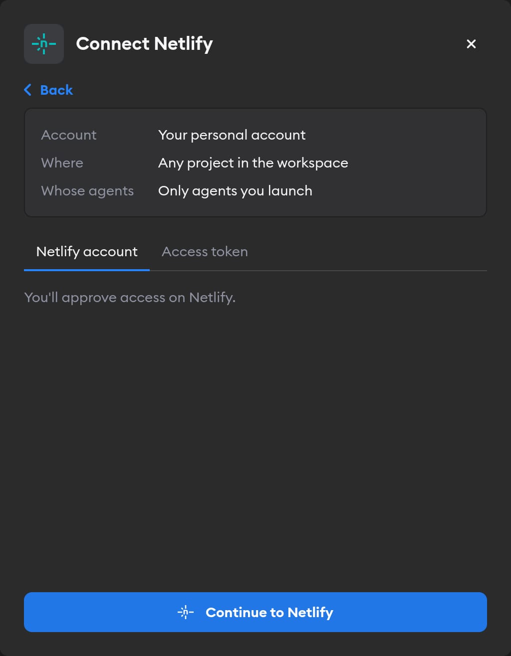Second screen of the Connect Netlify modal, with the Netlify account tab selected and a Continue to Netlify button