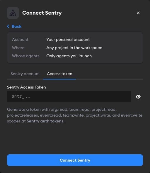 Access token tab of the Connect Sentry modal, with the Sentry Access Token field and the Connect Sentry button