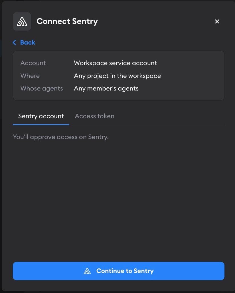 Second screen of the Connect Sentry modal, with the Sentry account tab selected and a Continue to Sentry button