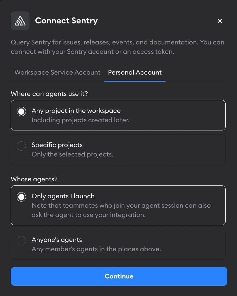 Connect Sentry form with Personal Account selected, Any project in the workspace, and Only agents I launch