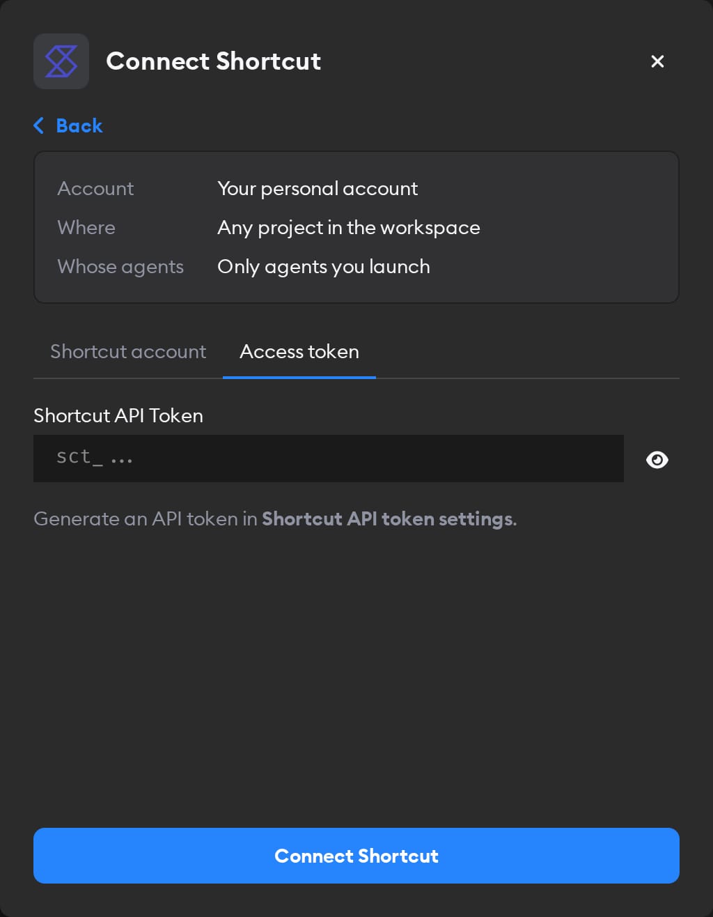 Access token tab of the Connect Shortcut modal, with the Shortcut API Token field and the Connect Shortcut button
