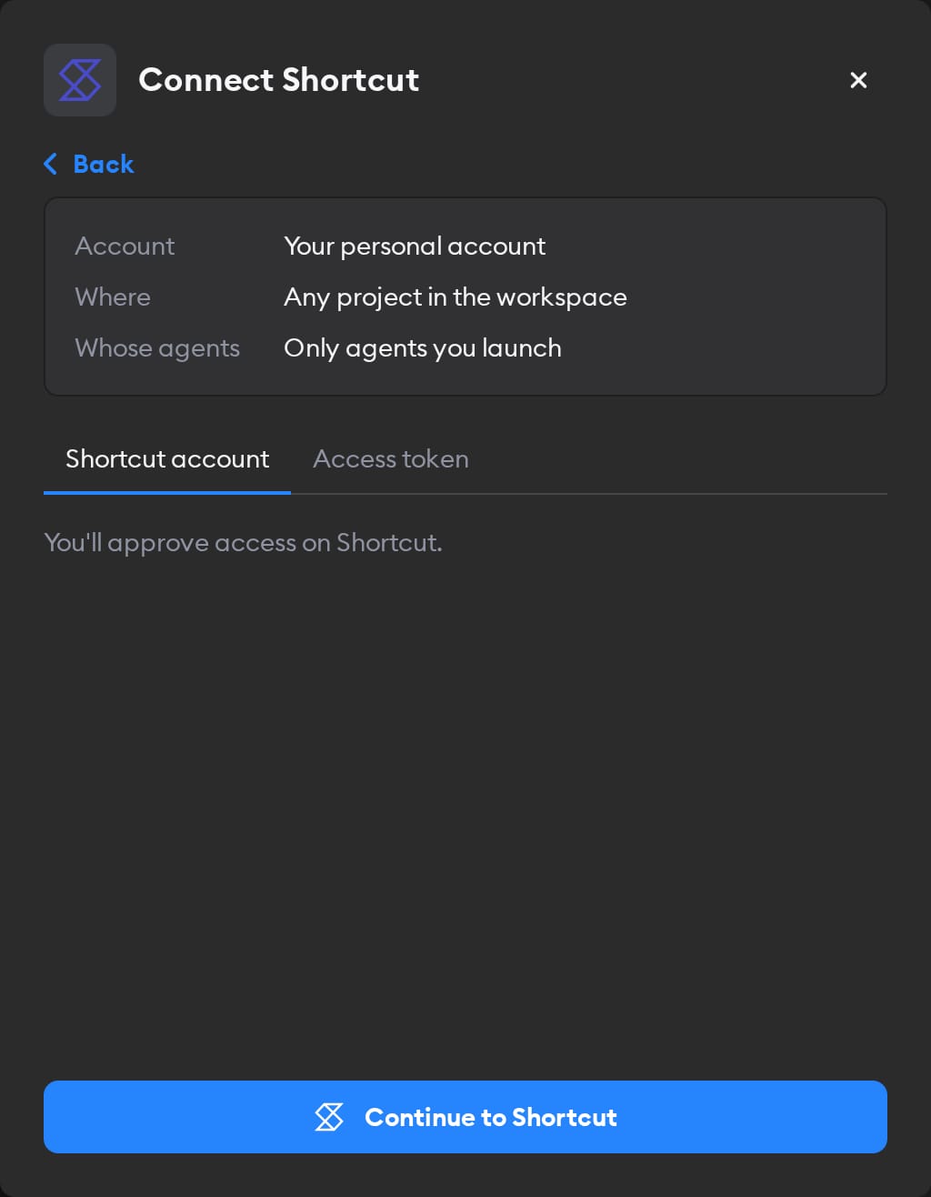 Second screen of the Connect Shortcut modal, with the Shortcut account tab selected and a Continue to Shortcut button