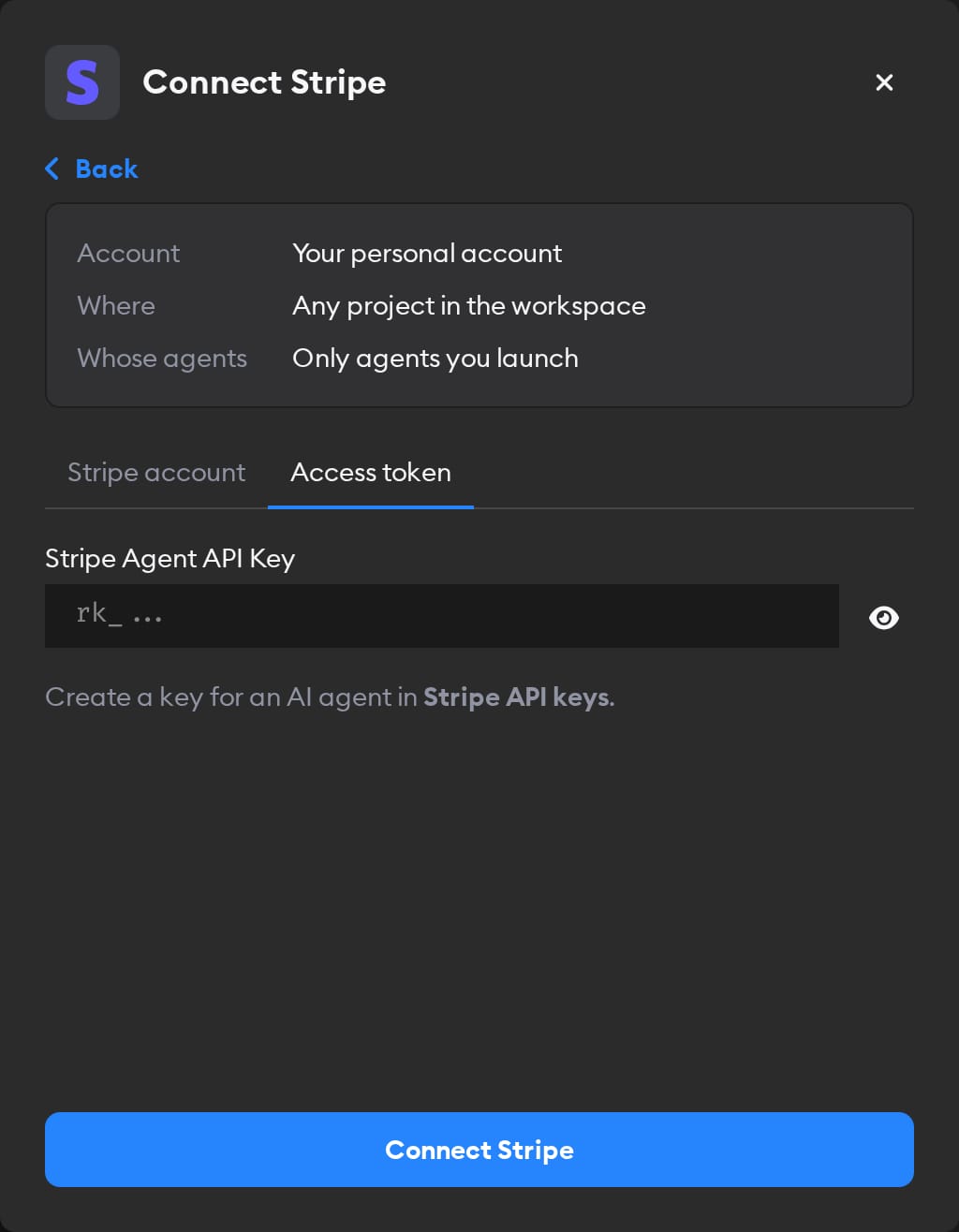 Access token tab of the Connect Stripe modal, with the Stripe Agent API Key field and the Connect Stripe button