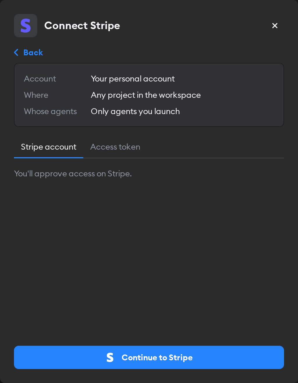 Second screen of the Connect Stripe modal, with the Stripe account tab selected and a Continue to Stripe button