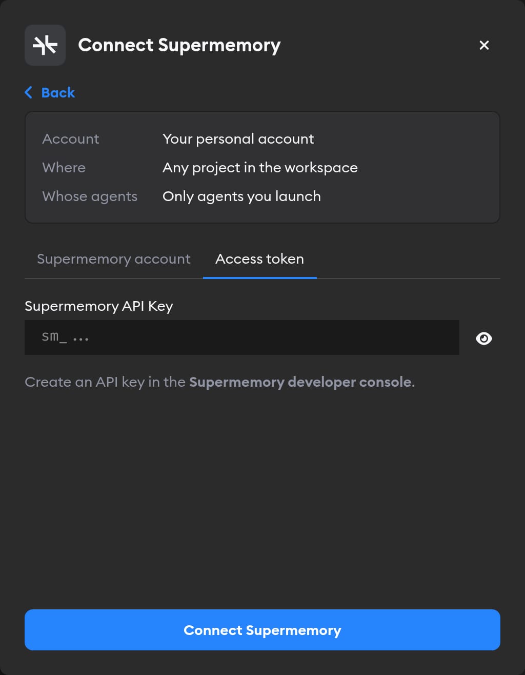 Access token tab of the Connect Supermemory modal, with the Supermemory API Key field and the Connect Supermemory button