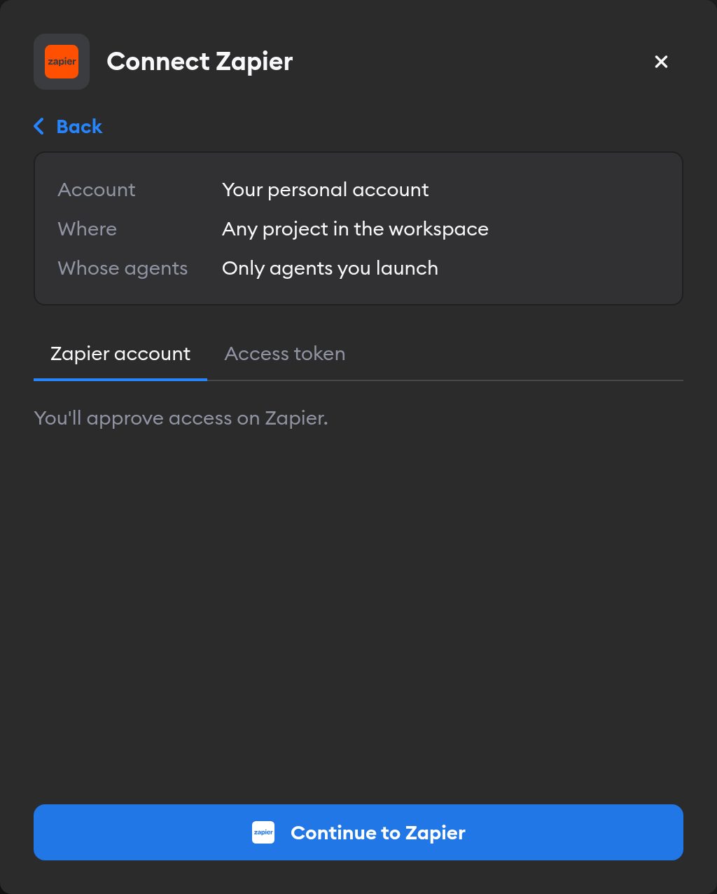 Second screen of the Connect Zapier modal, with the Zapier account tab selected and a Continue to Zapier button