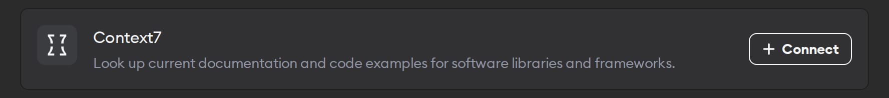 The Context7 connector in Workspace Settings, for looking up library documentation and code examples, with a Connect button
