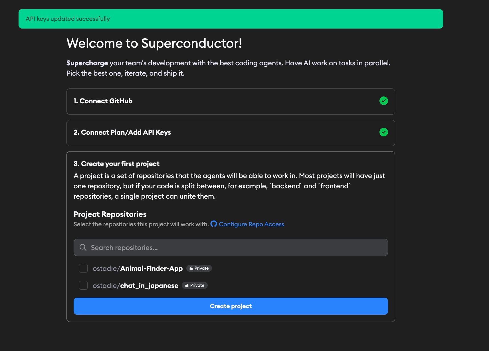Create first project with repository selection from connected GitHub repos
