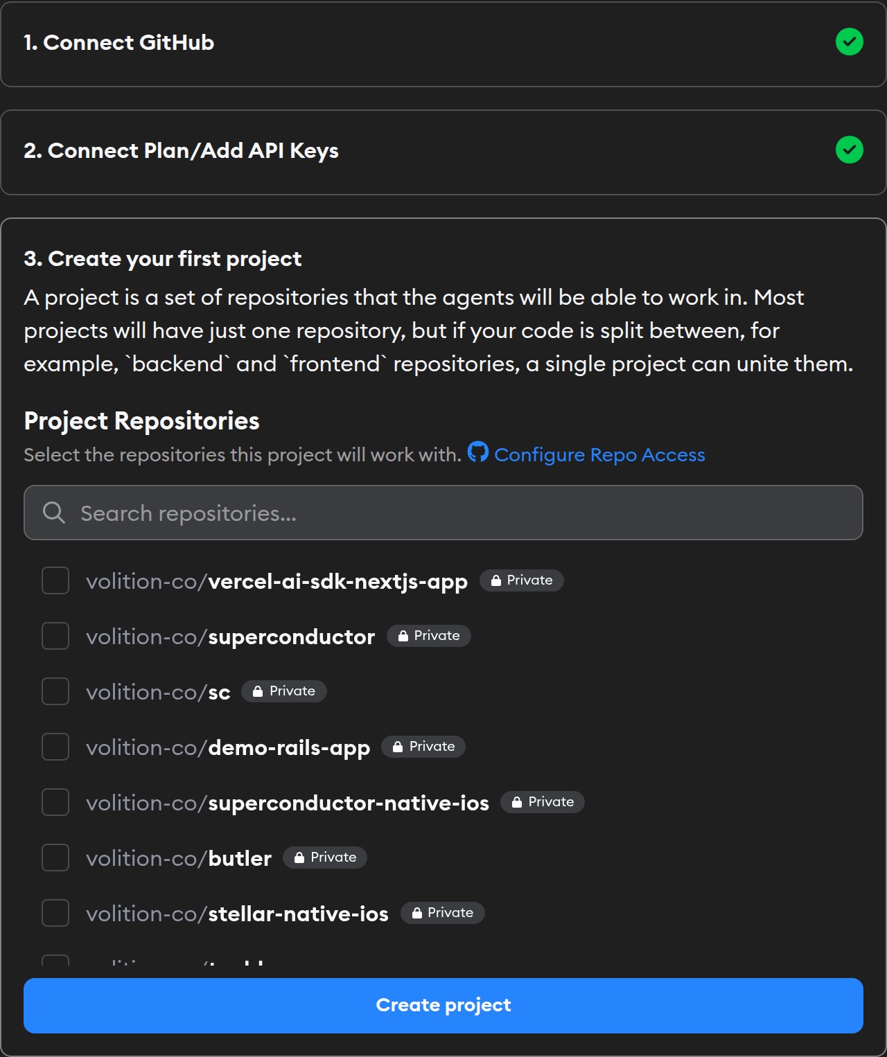 Workspace setup panel showing GitHub and agent setup complete with Create Project as the active step