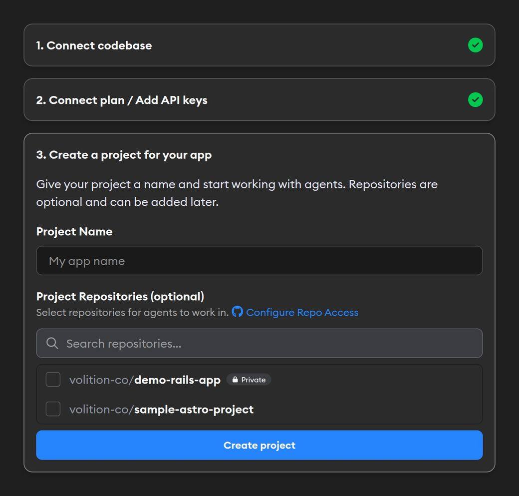 Create a project for your app step with a project name field and an optional, searchable list of repositories