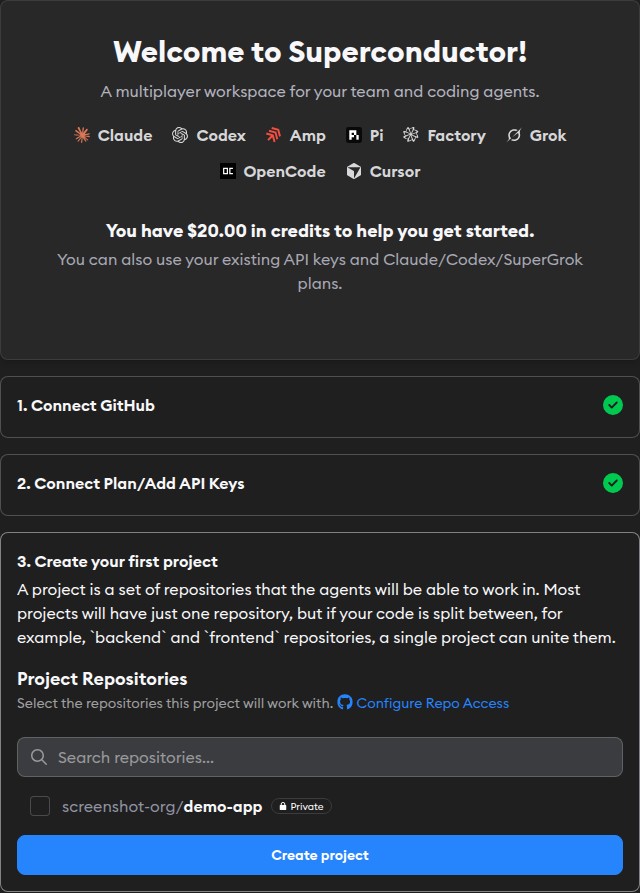 Workspace setup panel showing GitHub and agent setup complete with Create Project as the active step