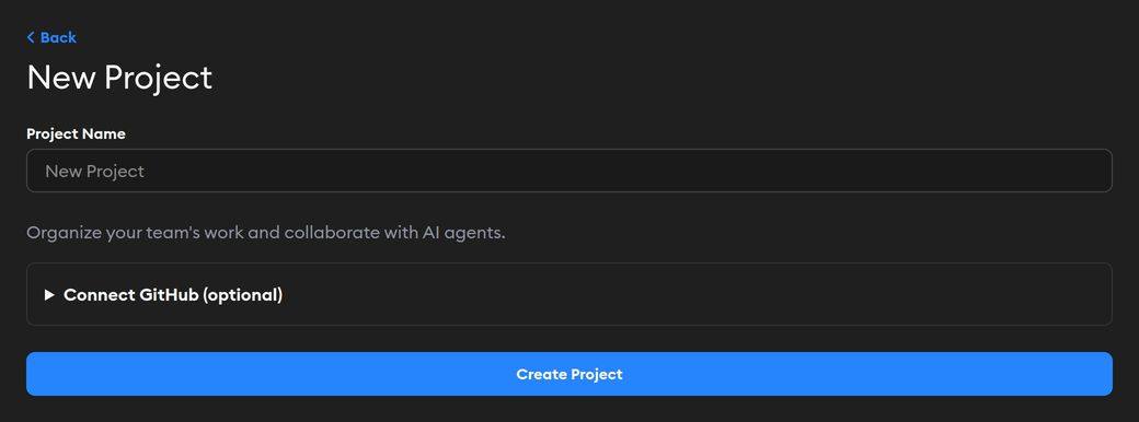 New project form with a project name field, an optional Connect GitHub section, and a Create Project button