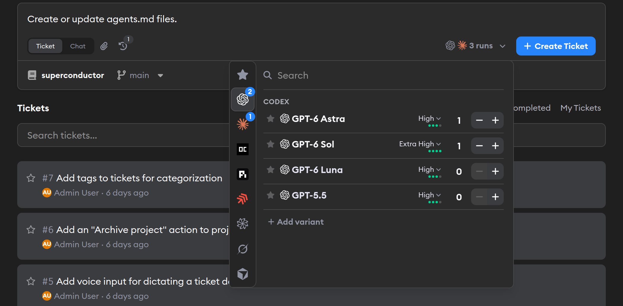 Create ticket form with the agent picker open, showing one run each of GPT-6 Astra and GPT-6 Sol, plus one run of Claude Code Opus 5