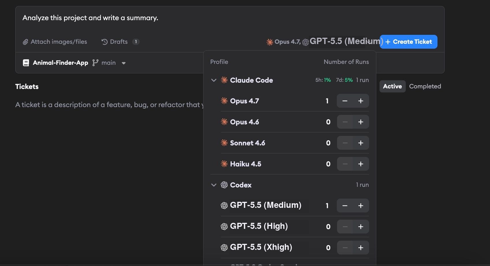 Create ticket with agent model selection dropdown showing Claude Code Opus 4.7 and Codex GPT-5.5 options