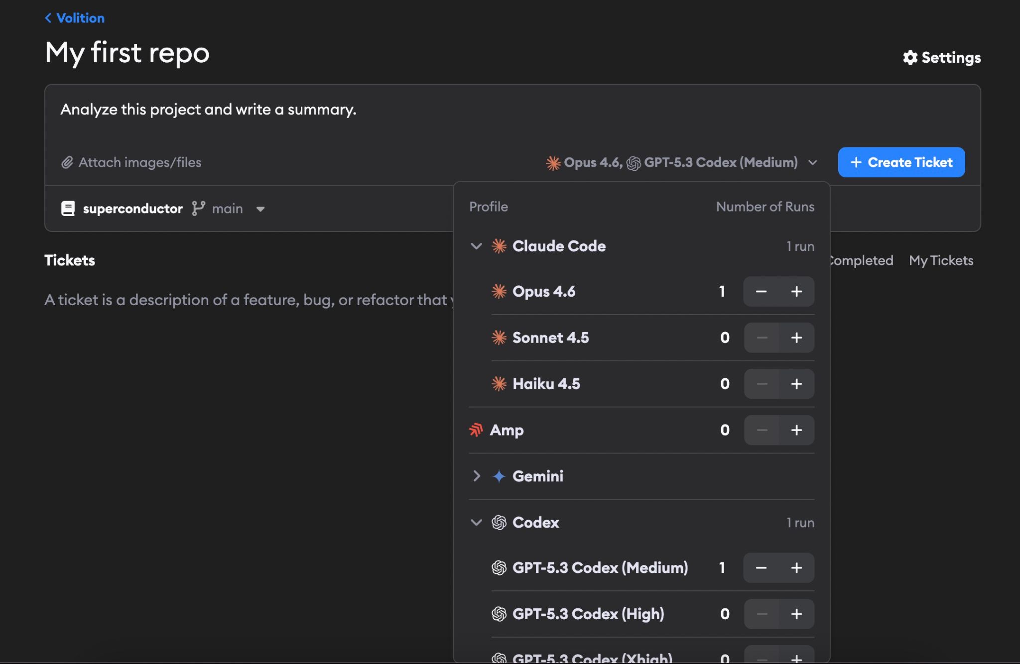 Create ticket with agent model selection dropdown showing Claude Code Opus 4.6 and Codex GPT-5.3 options