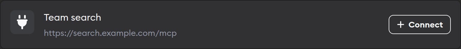 A custom MCP server named Team search in the connectors list, with its URL and a Connect button