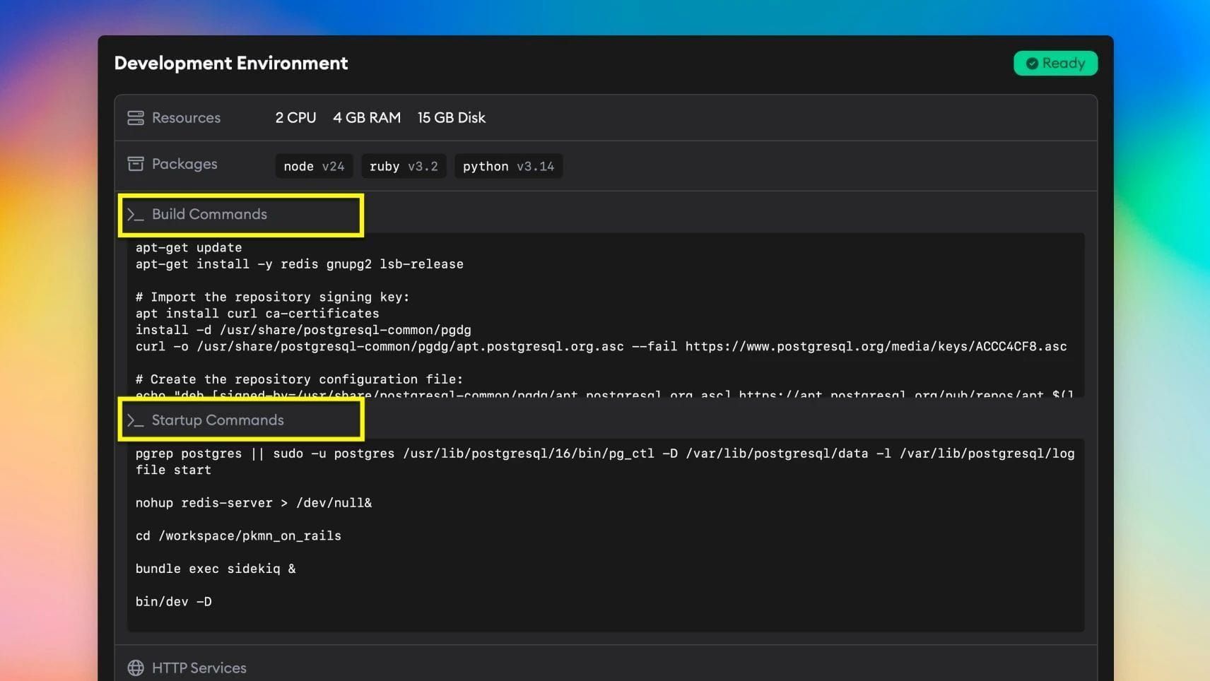 Development environment settings page showing build commands and startup commands sections
