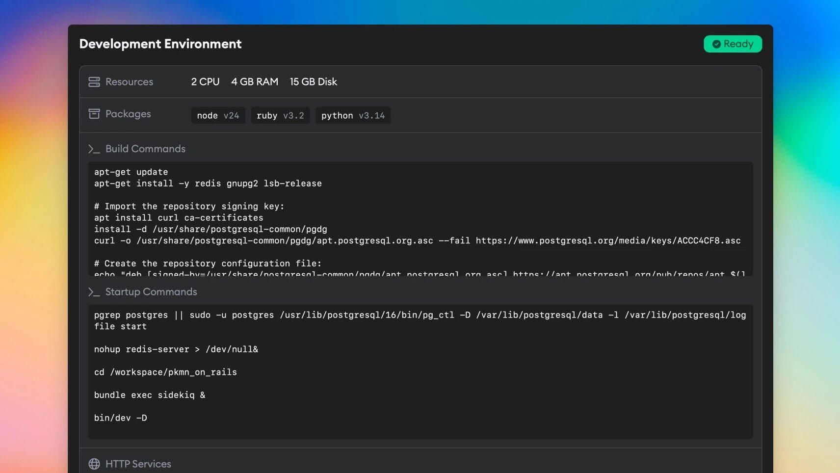 Development environment configuration showing CPU, RAM, packages, and build commands